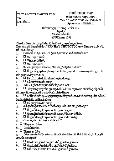 Phiếu học tập môn Tiếng Việt Lớp 4 - Tuần 12 - Năm học 2021-2022 - Trường Tiểu học Tân An Thạnh B