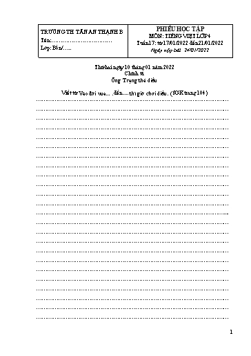 Phiếu học tập môn Tiếng Việt Lớp 4 - Tuần 17 - Năm học 2021-2022 - Trường Tiểu học Tân An Thạnh B