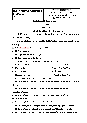Phiếu học tập môn Tiếng Việt Lớp 4 - Tuần 19 - Năm học 2021-2022 - Trường Tiểu học Tân An Thạnh B