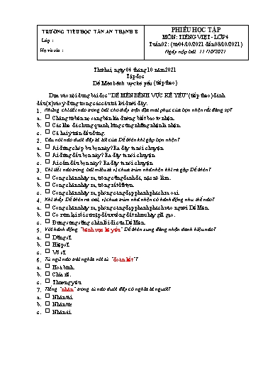 Phiếu học tập môn Tiếng Việt Lớp 4 - Tuần 2 - Năm học 2021-2022 - Trường Tiểu học Tân An Thạnh B