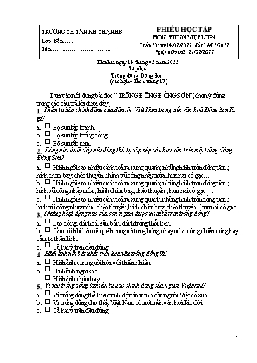 Phiếu học tập môn Tiếng Việt Lớp 4 - Tuần 20 - Năm học 2021-2022 - Trường Tiểu học Tân An Thạnh B