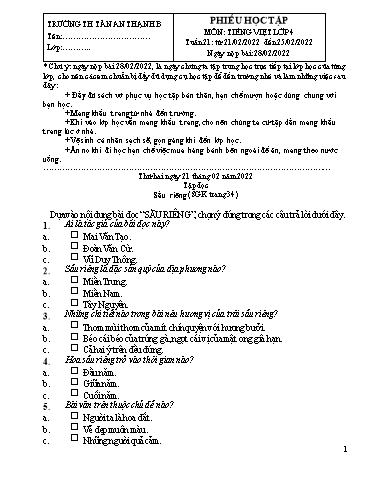 Phiếu học tập môn Tiếng Việt Lớp 4 - Tuần 21 - Năm học 2021-2022 - Trường Tiểu học Tân An Thạnh B