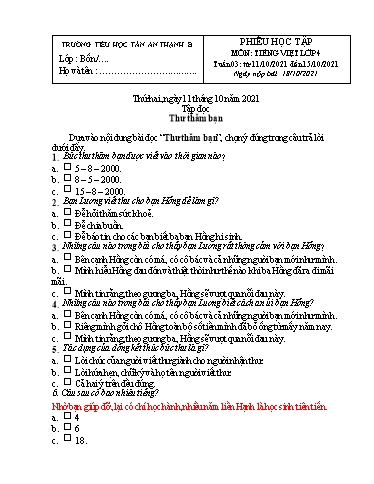 Phiếu học tập môn Tiếng Việt Lớp 4 - Tuần 3 - Năm học 2021-2022 - Trường Tiểu học Tân An Thạnh B