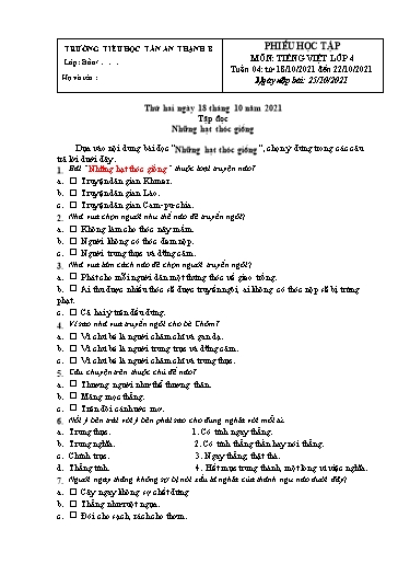 Phiếu học tập môn Tiếng Việt Lớp 4 - Tuần 4 - Năm học 2021-2022 - Trường Tiểu học Tân An Thạnh B