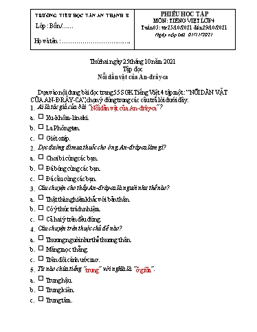 Phiếu học tập môn Tiếng Việt Lớp 4 - Tuần 5 - Năm học 2021-2022 - Trường Tiểu học Tân An Thạnh B