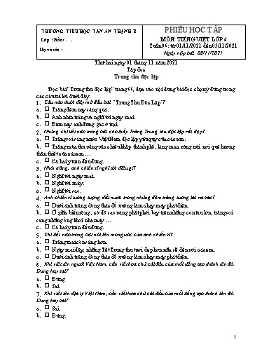 Phiếu học tập môn Tiếng Việt Lớp 4 - Tuần 6 - Năm học 2021-2022 - Trường Tiểu học Tân An Thạnh B