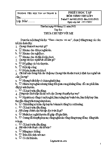 Phiếu học tập môn Tiếng Việt Lớp 4 - Tuần 7 - Năm học 2021-2022 - Trường Tiểu học Tân An Thạnh B