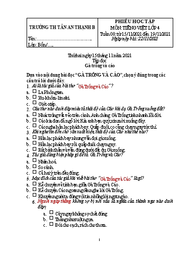 Phiếu học tập môn Tiếng Việt Lớp 4 - Tuần 8 - Năm học 2021-2022 - Trường Tiểu học Tân An Thạnh B