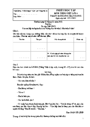 Phiếu học tập môn Tiếng Việt Lớp 4 - Tuần 9 - Năm học 2021-2022 - Trường Tiểu học Tân An Thạnh B