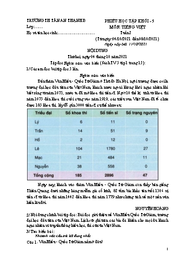 Phiếu học tập môn Tiếng Việt Lớp 5 - Tuần 2 - Năm học 2021-2022 - Trường Tiểu học Tân An Thạnh B