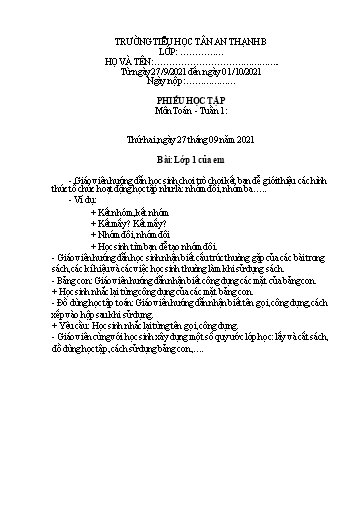 Phiếu học tập môn Toán Lớp 1 - Tuần 1 - Năm học 2021-2022 - Trường Tiểu học Tân An Thạnh B