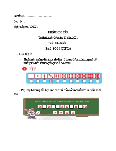 Phiếu học tập môn Toán Lớp 1 - Tuần 10 - Năm học 2021-2022 - Trường Tiểu học Tân An Thạnh B