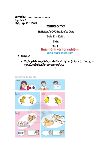 Phiếu học tập môn Toán Lớp 1 - Tuần 11 - Năm học 2021-2022 - Trường Tiểu học Tân An Thạnh B