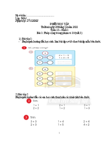 Phiếu học tập môn Toán Lớp 1 - Tuần 13 - Năm học 2021-2022 - Trường Tiểu học Tân An Thạnh B