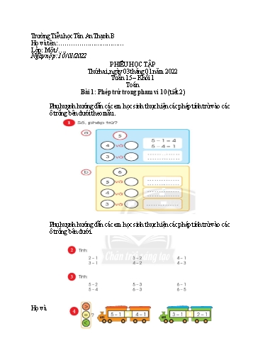 Phiếu học tập môn Toán Lớp 1 - Tuần 15 - Năm học 2021-2022 - Trường Tiểu học Tân An Thạnh B
