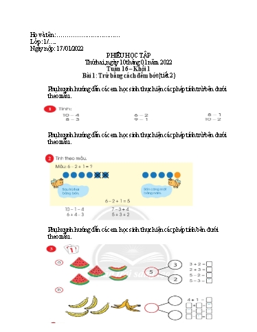 Phiếu học tập môn Toán Lớp 1 - Tuần 16 - Năm học 2021-2022 - Trường Tiểu học Tân An Thạnh B