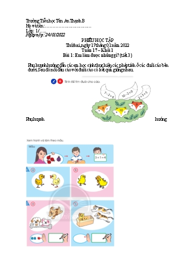 Phiếu học tập môn Toán Lớp 1 - Tuần 17 - Năm học 2021-2022 - Trường Tiểu học Tân An Thạnh B