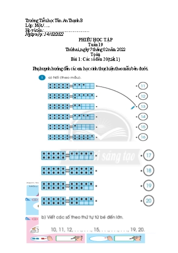 Phiếu học tập môn Toán Lớp 1 - Tuần 19 - Năm học 2021-2022 - Trường Tiểu học Tân An Thạnh B