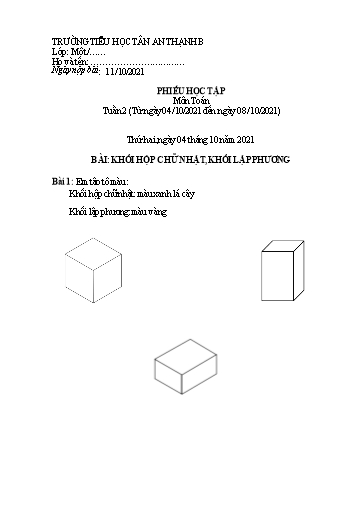 Phiếu học tập môn Toán Lớp 1 - Tuần 2 - Năm học 2021-2022 - Trường Tiểu học Tân An Thạnh B