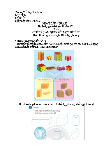 Phiếu học tập môn Toán Lớp 1 - Tuần 2 - Năm học 2021-2022 - Trường Tiểu học Tân Lược