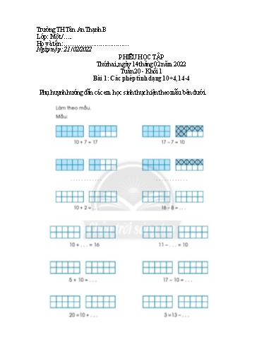 Phiếu học tập môn Toán Lớp 1 - Tuần 20 - Năm học 2021-2022 - Trường Tiểu học Tân An Thạnh B