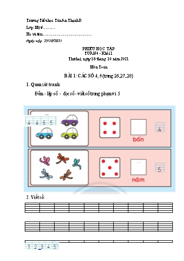 Phiếu học tập môn Toán Lớp 1 - Tuần 4 - Năm học 2021-2022 - Trường Tiểu học Tân An Thạnh B