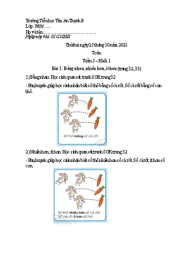 Phiếu học tập môn Toán Lớp 1 - Tuần 5 - Năm học 2021-2022 - Trường Tiểu học Tân An Thạnh B