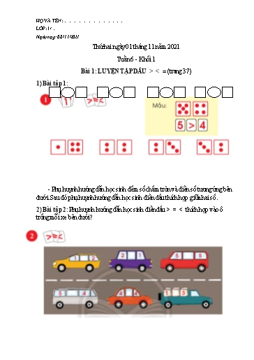 Phiếu học tập môn Toán Lớp 1 - Tuần 6 - Năm học 2021-2022 - Trường Tiểu học Tân An Thạnh B