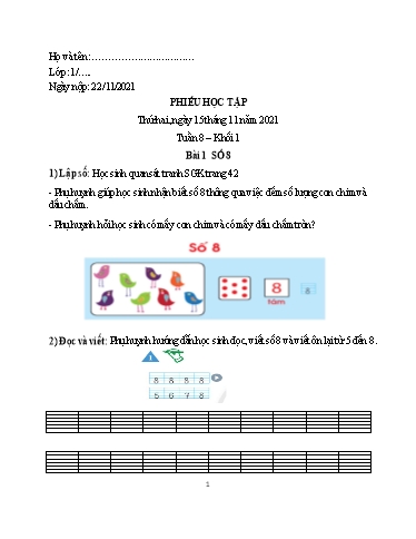 Phiếu học tập môn Toán Lớp 1 - Tuần 8 - Năm học 2021-2022 - Trường Tiểu học Tân An Thạnh B
