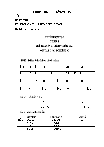 Phiếu học tập môn Toán Lớp 2 - Tuần 1 - Năm học 2021-2022 - Trường Tiểu học Tân An Thạnh B