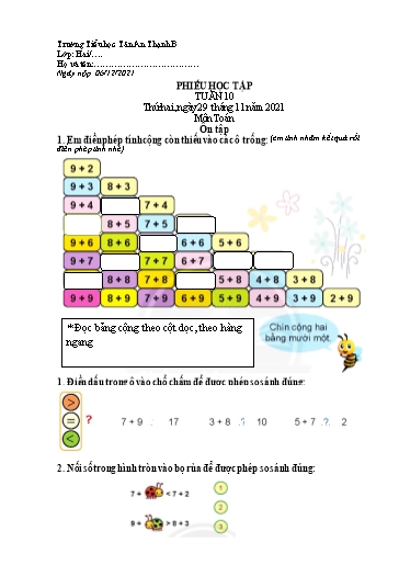 Phiếu học tập môn Toán Lớp 2 - Tuần 10 - Năm học 2021-2022 - Trường Tiểu học Tân An Thạnh B