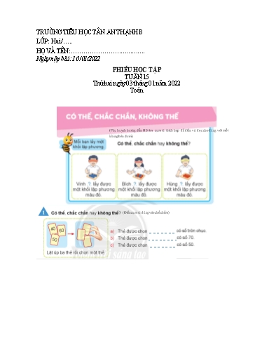 Phiếu học tập môn Toán Lớp 2 - Tuần 15 - Năm học 2021-2022 - Trường Tiểu học Tân An Thạnh B