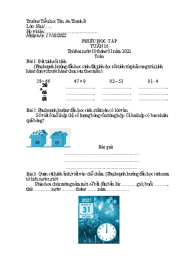 Phiếu học tập môn Toán Lớp 2 - Tuần 16 - Năm học 2021-2022 - Trường Tiểu học Tân An Thạnh B