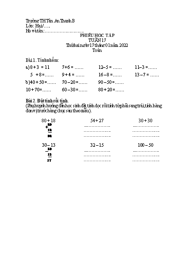 Phiếu học tập môn Toán Lớp 2 - Tuần 17 - Năm học 2021-2022 - Trường Tiểu học Tân An Thạnh B