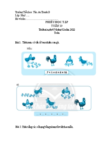 Phiếu học tập môn Toán Lớp 2 - Tuần 19 - Năm học 2021-2022 - Trường Tiểu học Tân An Thạnh B