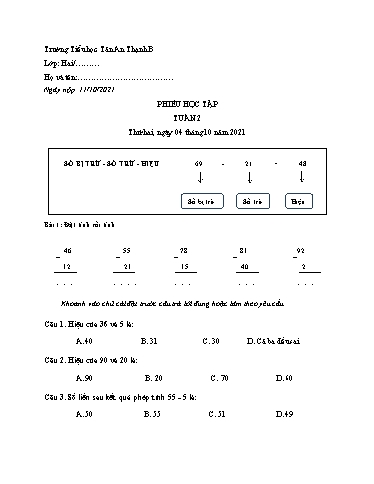 Phiếu học tập môn Toán Lớp 2 - Tuần 2 - Năm học 2021-2022 - Trường Tiểu học Tân An Thạnh B