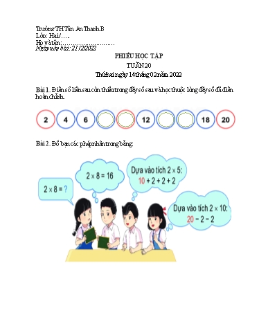 Phiếu học tập môn Toán Lớp 2 - Tuần 20 - Năm học 2021-2022 - Trường Tiểu học Tân An Thạnh B