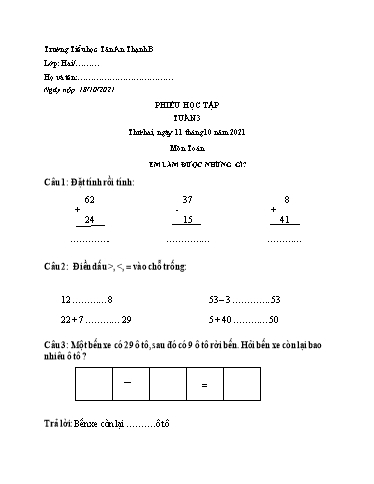 Phiếu học tập môn Toán Lớp 2 - Tuần 3 - Năm học 2021-2022 - Trường Tiểu học Tân An Thạnh B