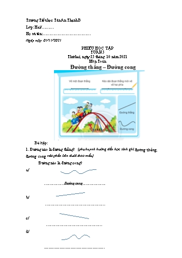 Phiếu học tập môn Toán Lớp 2 - Tuần 5 - Năm học 2021-2022 - Trường Tiểu học Tân An Thạnh B