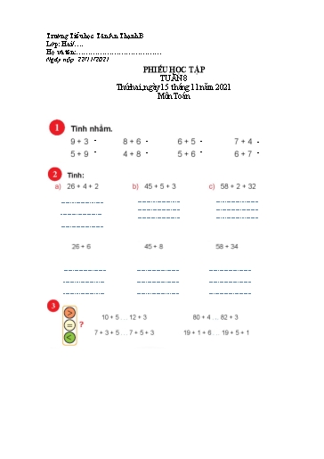 Phiếu học tập môn Toán Lớp 2 - Tuần 8 - Năm học 2021-2022 - Trường Tiểu học Tân An Thạnh B