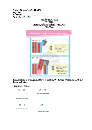 Phiếu học tập môn Toán Lớp 2 - Tuần 9 - Năm học 2021-2022 - Trường Tiểu học Tân An Thạnh B