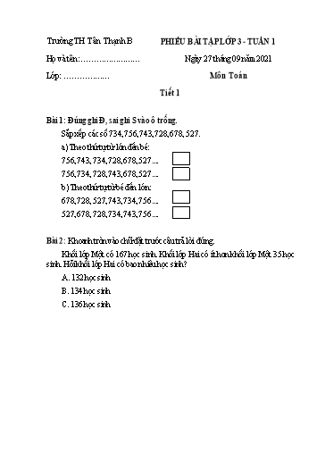 Phiếu học tập môn Toán Lớp 3 - Tuần 1 - Năm học 2021-2022 - Trường Tiểu học Tân An Thạnh B
