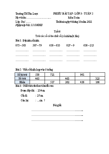 Phiếu học tập môn Toán Lớp 3 - Tuần 2 - Năm học 2021-2022 - Trường Tiểu học Tân Lược