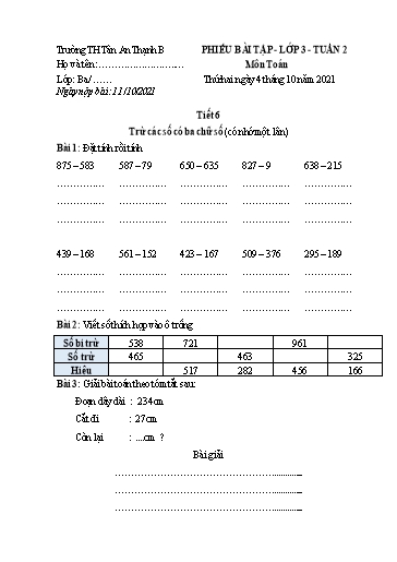 Phiếu học tập môn Toán Lớp 3 - Tuần 2 - Năm học 2021-2022 - Trường Tiểu học Tân An Thạnh B