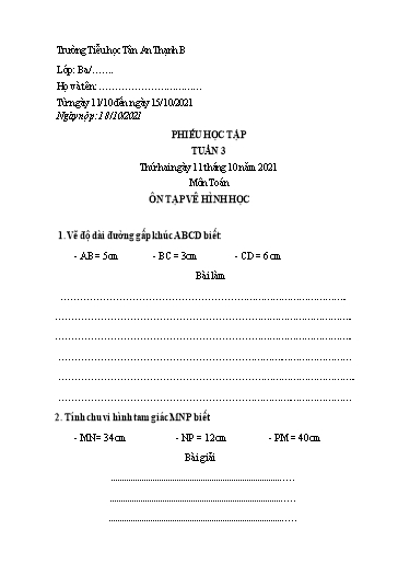 Phiếu học tập môn Toán Lớp 3 - Tuần 3 - Năm học 2021-2022 - Trường Tiểu học Tân An Thạnh B
