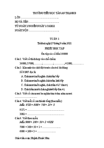 Phiếu học tập môn Toán Lớp 4 - Tuần 1 - Năm học 2021-2022 - Trường Tiểu học Tân An Thạnh B