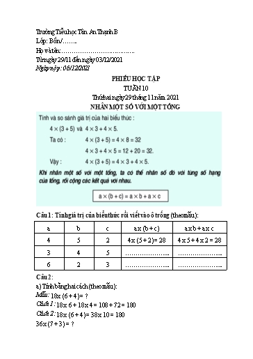 Phiếu học tập môn Toán Lớp 4 - Tuần 10 - Năm học 2021-2022 - Trường Tiểu học Tân An Thạnh B