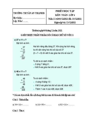 Phiếu học tập môn Toán Lớp 4 - Tuần 11 - Năm học 2021-2022 - Trường Tiểu học Tân An Thạnh B