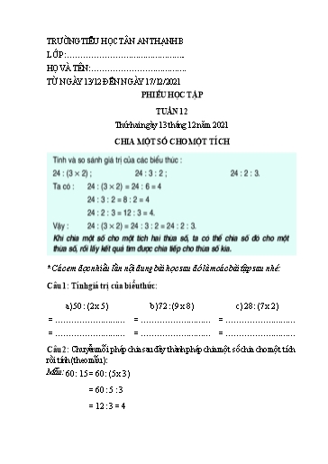 Phiếu học tập môn Toán Lớp 4 - Tuần 12 - Năm học 2021-2022 - Trường Tiểu học Tân An Thạnh B