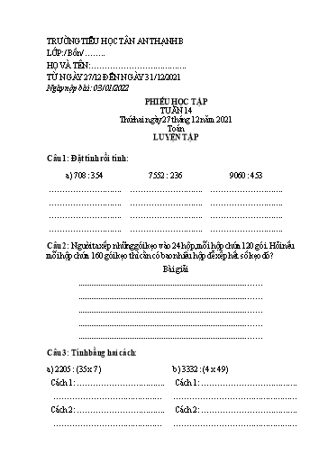 Phiếu học tập môn Toán Lớp 4 - Tuần 14 - Năm học 2021-2022 - Trường Tiểu học Tân An Thạnh B